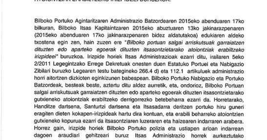 Bilboko portuan salgai arriskutsuak garraiatzen dituzten edo aparteko egoerak dituzten itsasontzietarako atoiontziak erabiltzeko irizpideei buruzkoa
