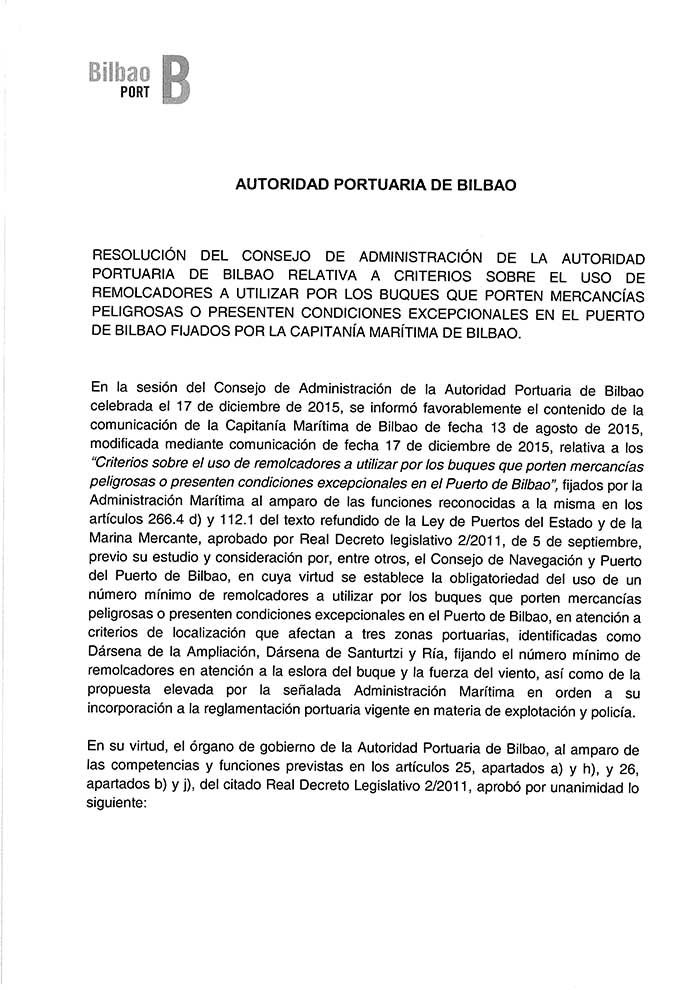 Resolución del Consejo de Administración relativa a criterios sobre el uso de remolcadores a utilizar por los buques que porten mercancías peligrosas o presenten condiciones excepcionales