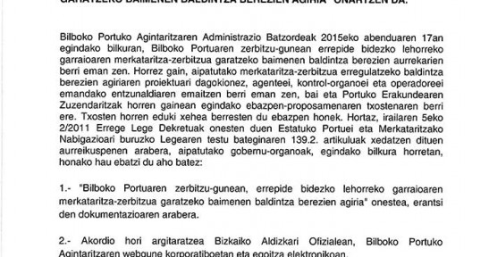 Bilboko Portuaren zerbitzu-gunean errepide bidezko lehorreko garraioaren merkataritza-zerbitzua garatzeko baimenen baldintza berezien agiria