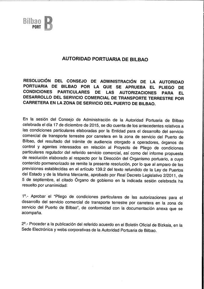 Pliego de Condiciones Particulares de las autorizaciones para el servicio comercial de transporte terrestre por carretera en la zona de servicio del puerto de Bilbao