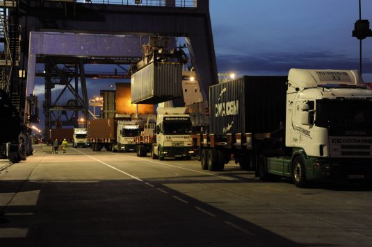 Lorries uploading at port