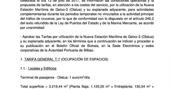 Resolution of the Board of Directors of the Port Authority of Bilbao approving the rates for use of the new maritime station of Getxo (OLATUA)