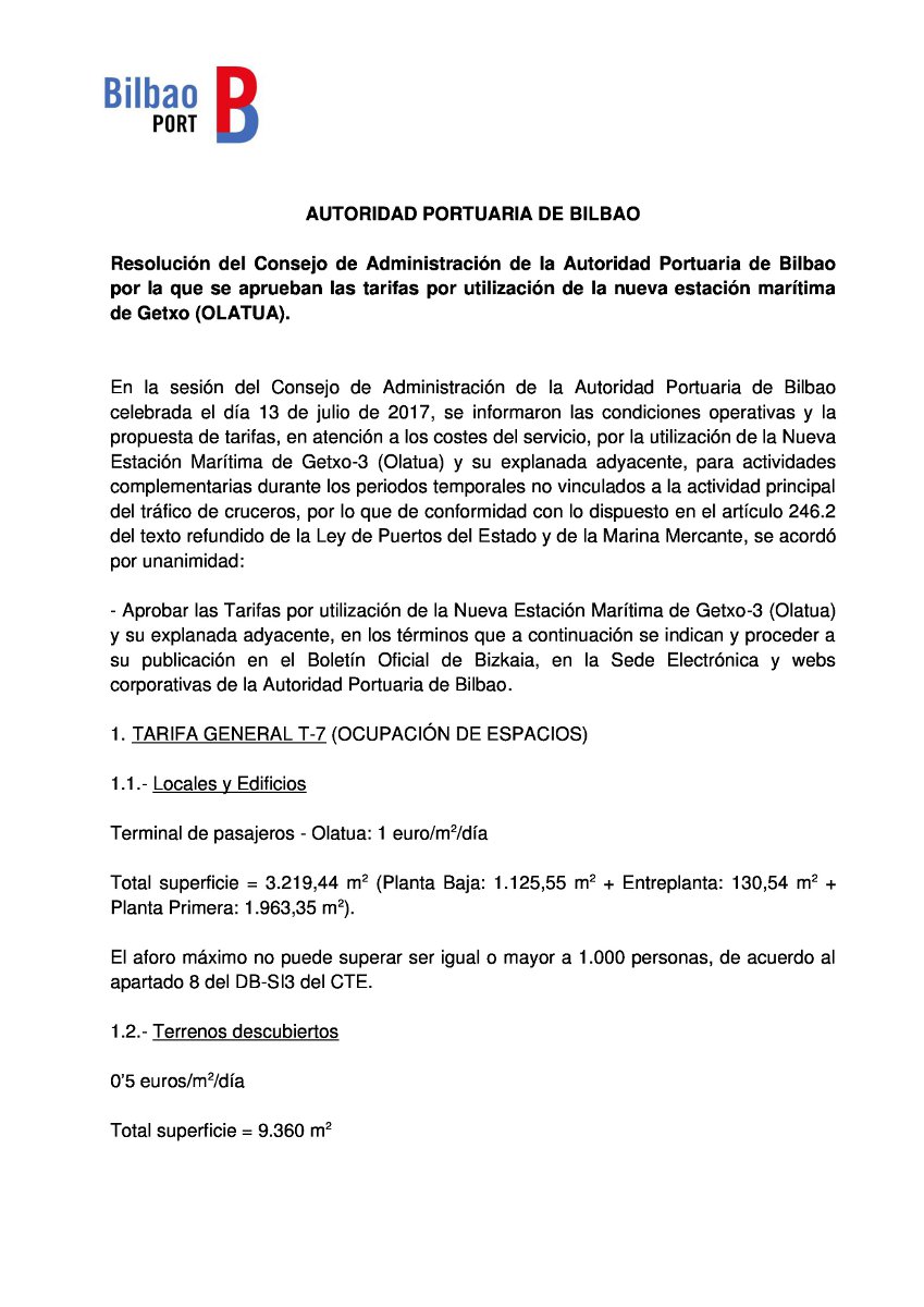 Resolution of the Board of Directors of the Port Authority of Bilbao approving the rates for use of the new maritime station of Getxo (OLATUA)