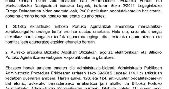 Bilboko Portuko Agintaritzako Administrazio-Kontseiluaren Ebazpena, 2018ko ekitaldian Merkataritza-Zerbitzuak Emateagatiko Tarifen Berrikuspenari buruzkoa