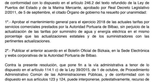 Resolución del Consejo de Administración de la Autoridad Portuaria de Bilbao sobre Revisión de Tarifas por la Prestación de Servicios Comerciales para el ejercicio 2018