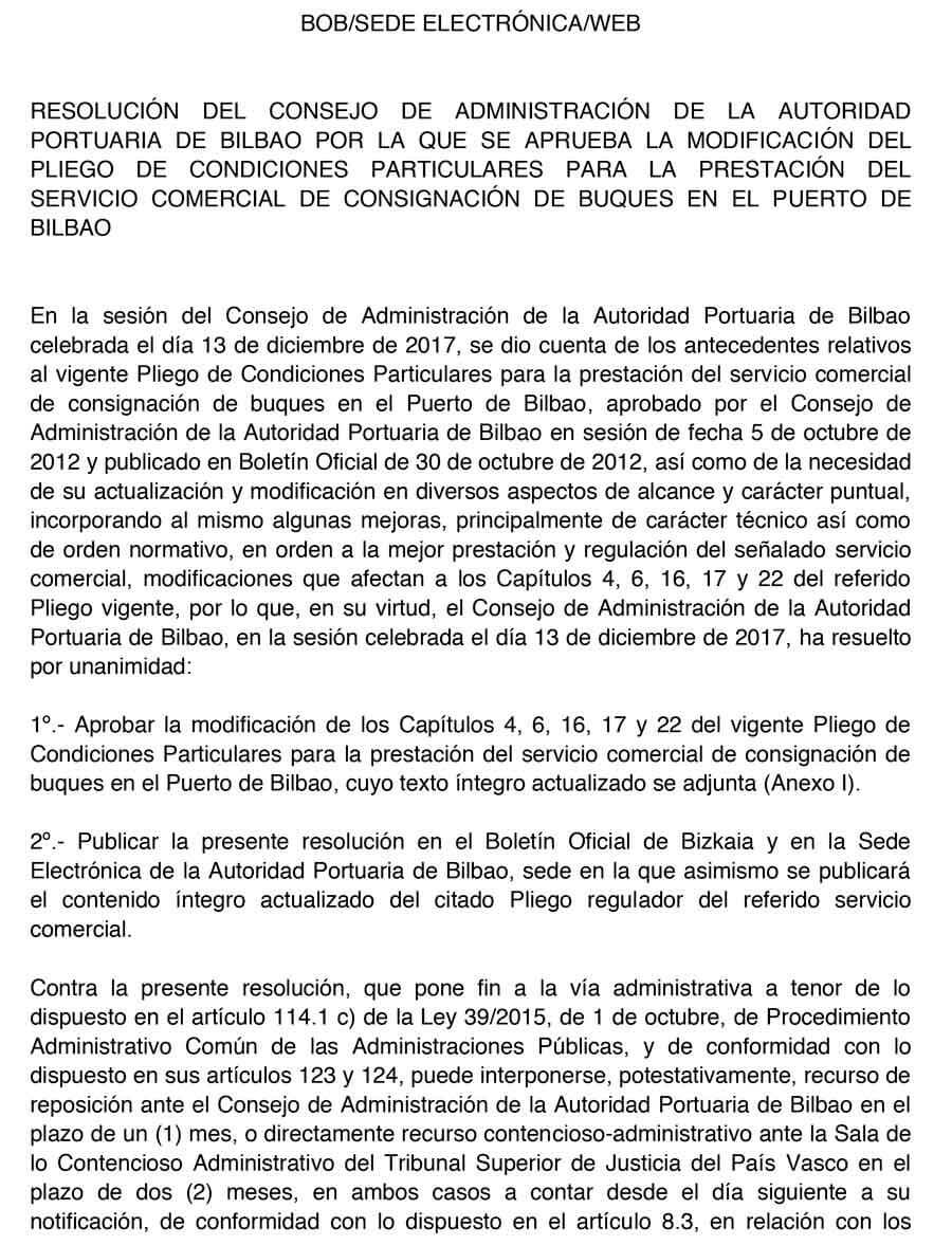 Resolución del Consejo de Administración de la Autoridad Portuaria de Bilbao por la que se aprueba la Modificación del Pliego de Condiciones Particulares para la Prestación del Servicio Comercial de Consignación de Buques en el Puerto de Bilbao