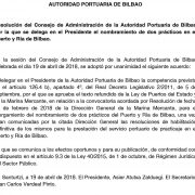 Resolución del Consejo de Administración de la Autoridad Portuaria de Bilbao por la que delega en el Presidente de la Autoridad Portuaria de Bilbao el nombramiento de prácticos en el Puerto y Ría de Bilbao
