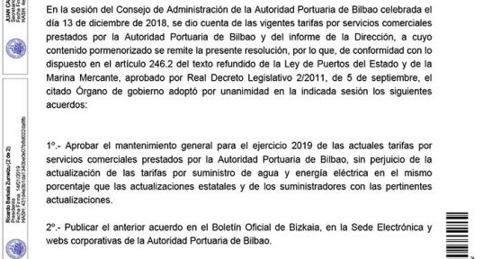 Resolución del Consejo de Administración de la Autoridad Portuaria de Bilbao sobre revisión de tarifas por la prestación de servicios comerciales para el ejercicio 2019