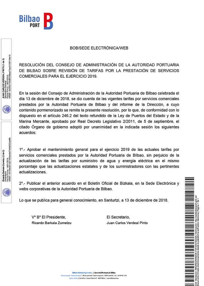 Resolución del Consejo de Administración de la Autoridad Portuaria de Bilbao sobre revisión de tarifas por la prestación de servicios comerciales para el ejercicio 2019