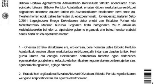 Bilboko Portuko Agintaritzaren Administrazio Kontseiluaren ebazpena, 2019ko ekitaldirako merkataritza-zerbitzuak emateko tarifak berrikusteari buruzkoa