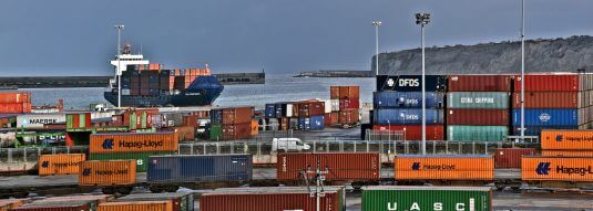 Container ship arriving at the port