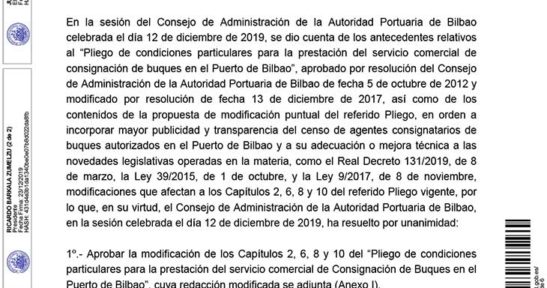 Resolución del Consejo de Administración de la Autoridad Portuaria de Bilbao por la que se aprueba la Modificación del Pliego de Condiciones Particulares para la Prestación del Servicio Comercial de Consignación de Buques en el Puerto de Bilbao