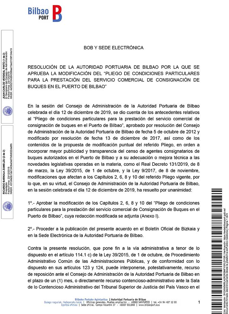 Resolución del Consejo de Administración de la Autoridad Portuaria de Bilbao por la que se aprueba la Modificación del Pliego de Condiciones Particulares para la Prestación del Servicio Comercial de Consignación de Buques en el Puerto de Bilbao