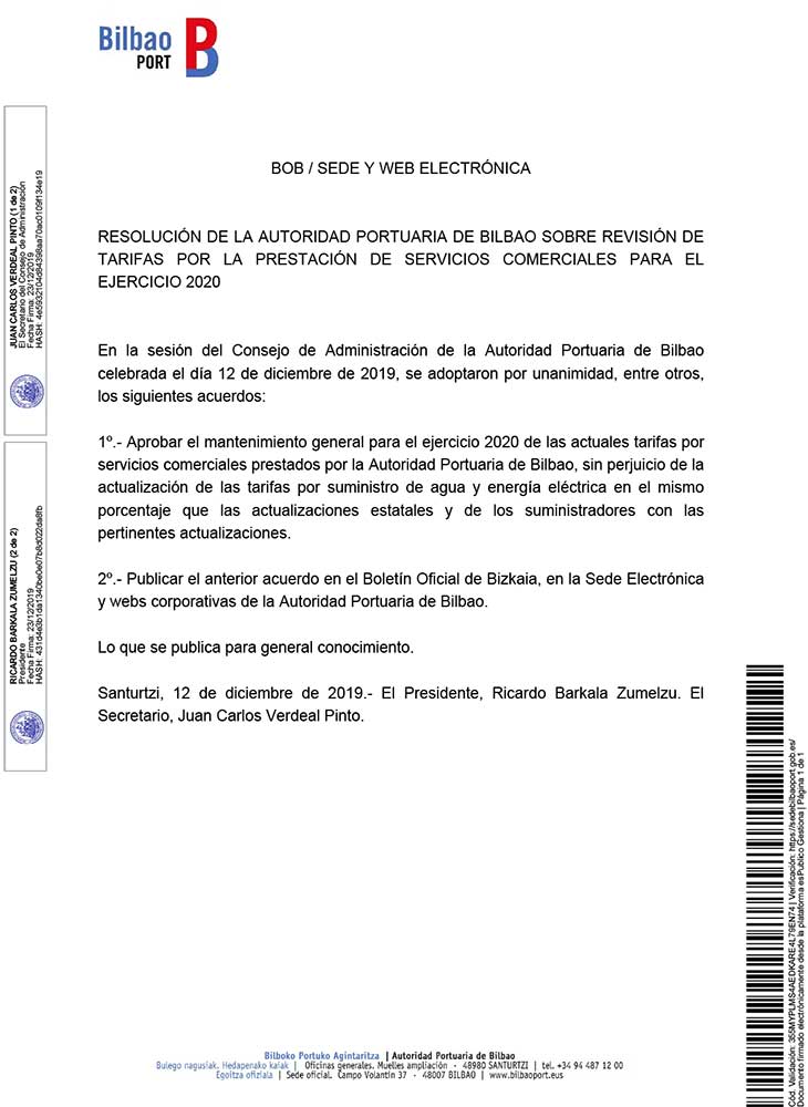 Resolución del Consejo de Administración de la Autoridad Portuaria de Bilbao sobre revisión de tarifas por la prestación de servicios comerciales para el ejercicio 2020