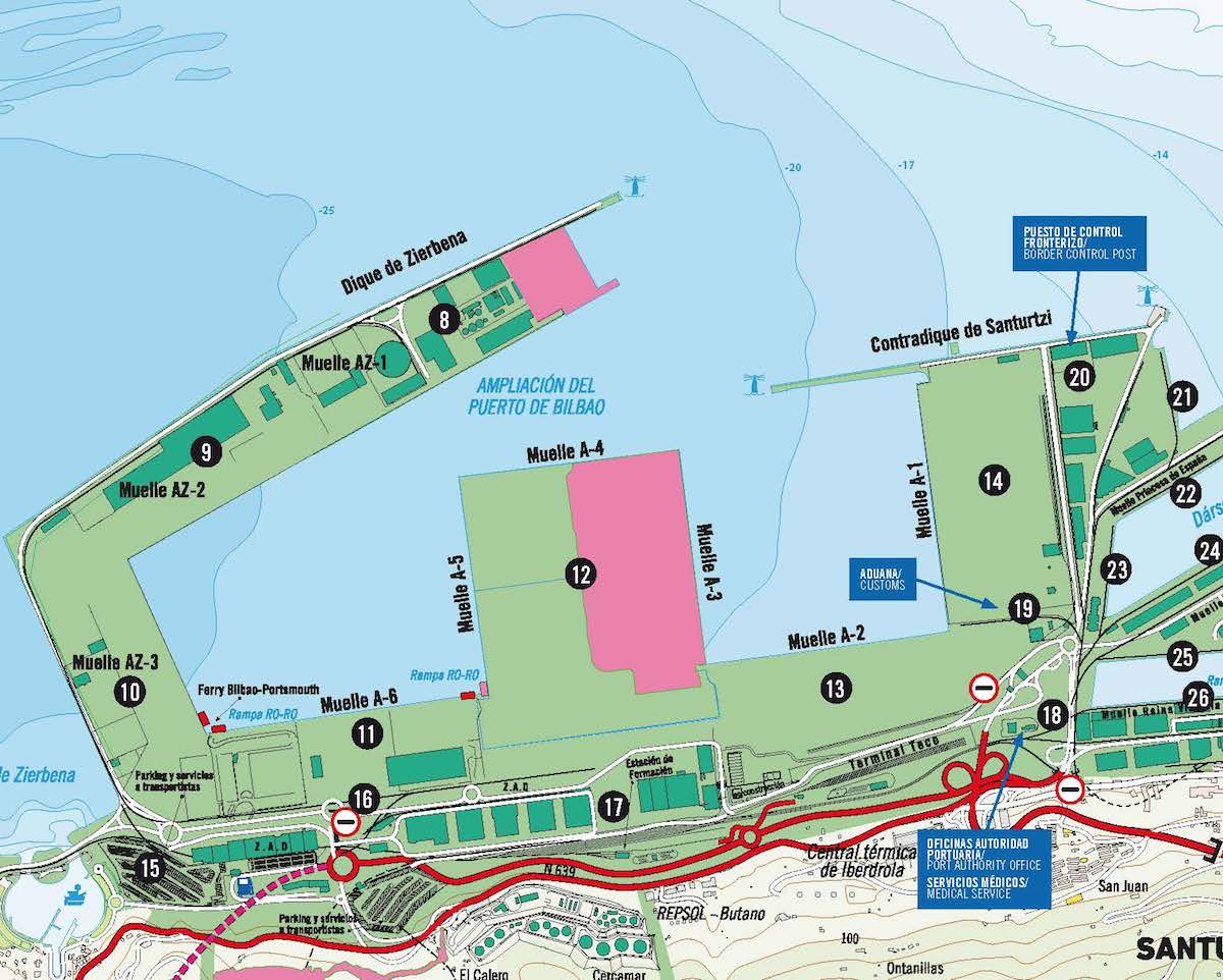 Plano con las terminales de contenedores, ferry, PCF y Aduana Plano con las terminales de contenedores, ferry, PCF y Aduana