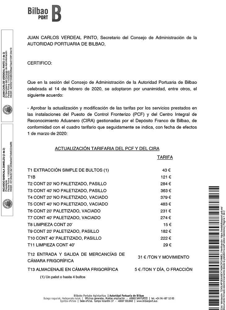 Resolución del Consejo de Administración de la Autoridad Portuaria de Bilbao sobre la actualizacion de las tarifas del PCF y el CIRA para 2020