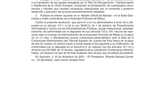 Resolución de la Autoridad Portuaria de Bilbao sobre delegación de facultad a favor del Presidente del organismo