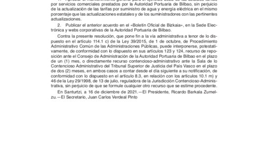 Resolución de la Autoridad Portuaria de Bilbao sobre revisión de tarifas por la prestación de servicios comerciales para el ejercicio 2023
