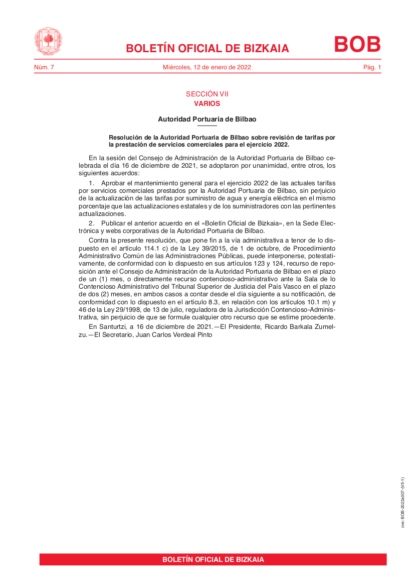 Resolución de la Autoridad Portuaria de Bilbao sobre revisión de tarifas por la prestación de servicios portuarios TÉCNICO-NÁUTICOS (practicaje, remolque, amarre Y desamarre de buques) para el ejercicio 2022