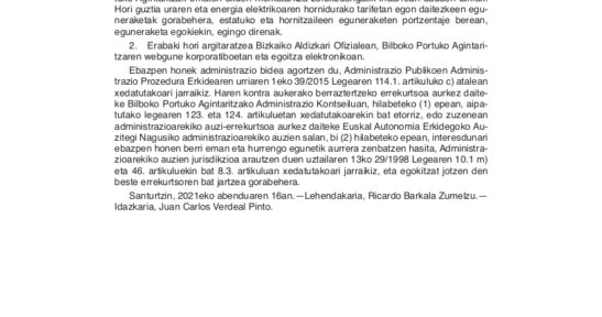 Bilboko Portuko Agintaritzaren Ebazpena, 2022ko ekitaldirako merkataritza-zerbitzuak emateko tarifak berrikusteari buruzkoa