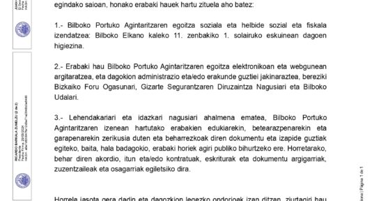 Bilboko Portu Agintaritzaren Administrazio Kontseiluaren Ebazpena, Bilboko Portuko Garraio Portu Zerbitzuaren Plegu Espezifikoak onartzeari buruzkoa.
