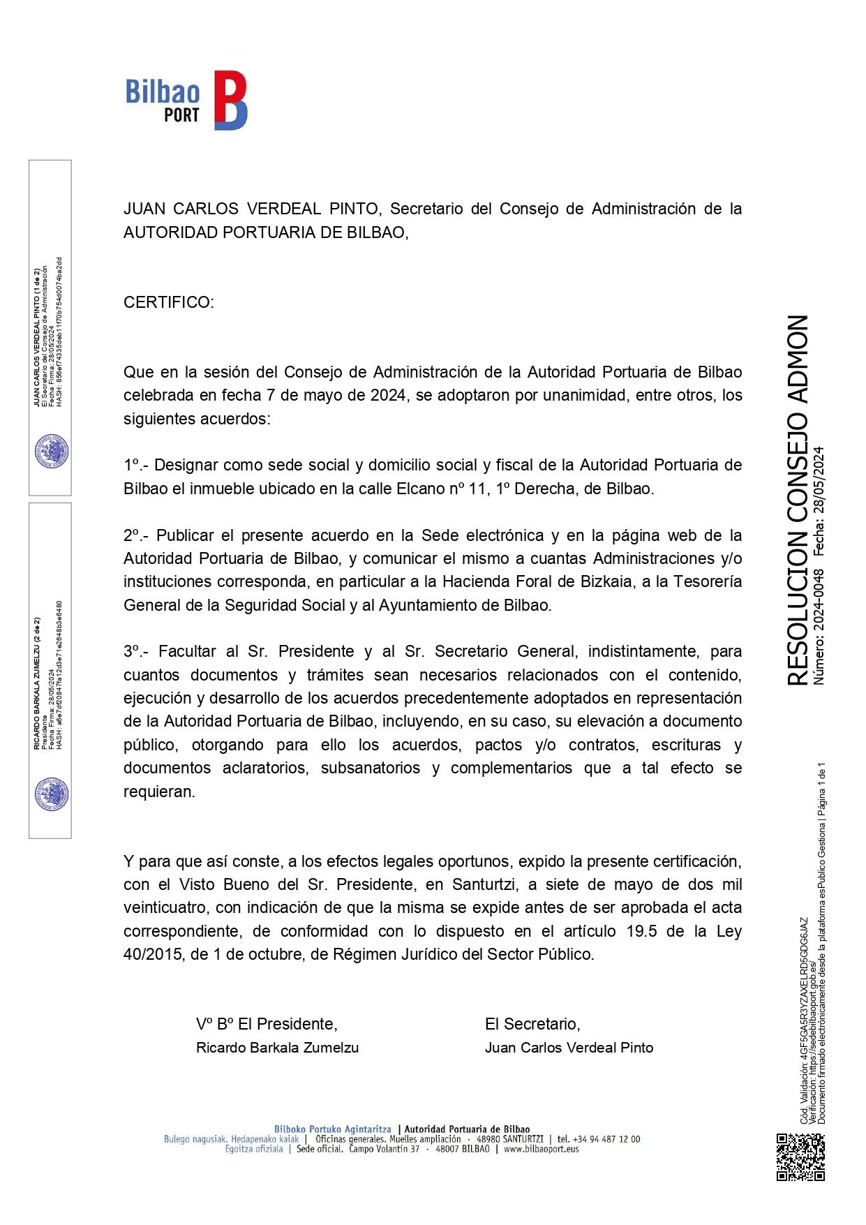 Bilboko Portu Agintaritzaren Kontseiluaren Ebazpena, Bilboko Portuko amarratzeko eta desamarratzeko portuko zerbitzurako berariazko betekizunen plegua onartzeari buruzkoa