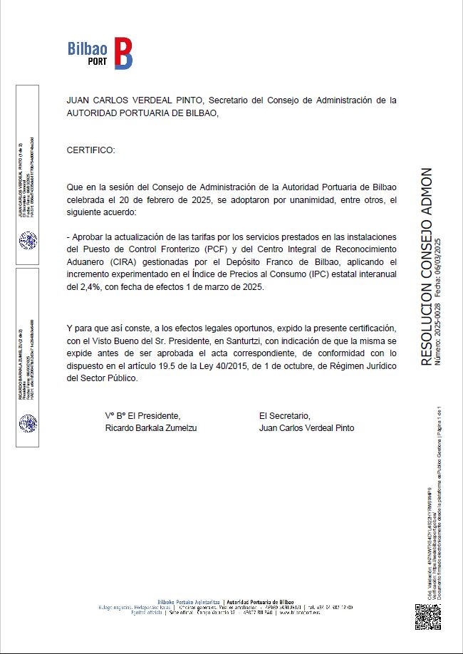 Resolución del Consejo de la Autoridad Portuaria de Bilbao sobre la actualización de las tarifas por los servicios prestados en las instalaciones del Puesto de Control Fronterizo (PCF) y del Centro Integral de Reconocimiento Aduanero (CIRA)